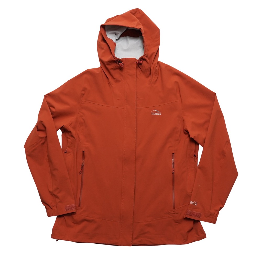LL Bean TEK Rain Jacket Womens LP Orange Waterproof Hooded Shell